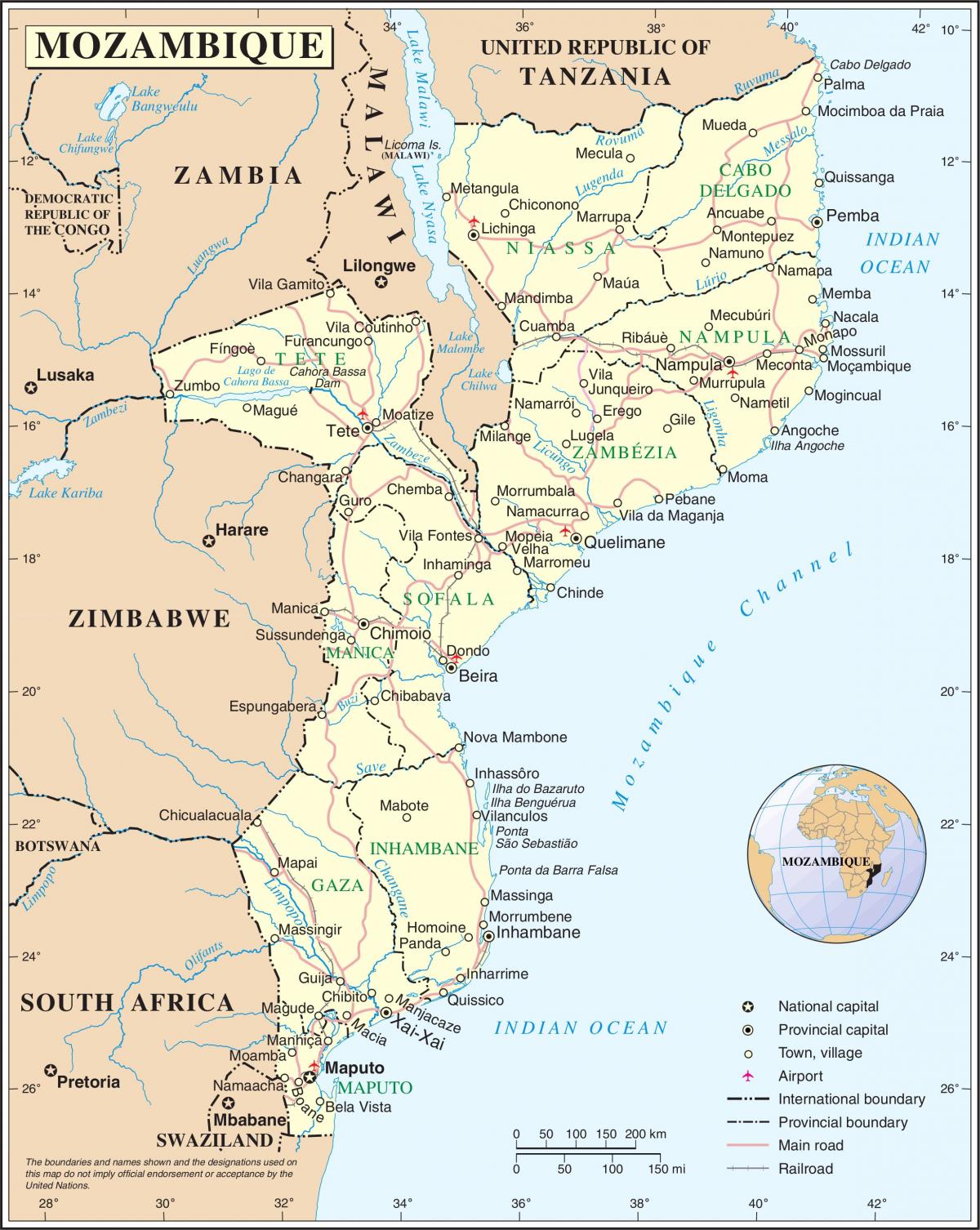 Flughäfen in Mosambik auf einer Karte