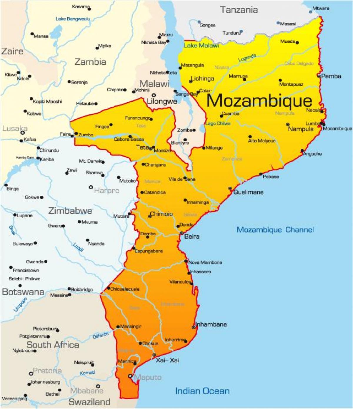 Karte von Mosambik (Karte mit Entfernungen